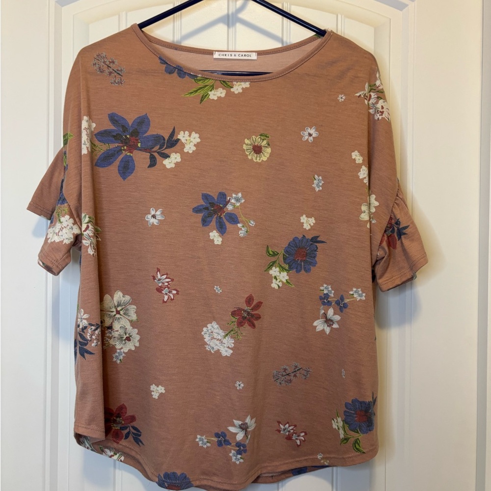 Chris & Carol Floral Print Short Sleeve Top - Brown and Blue